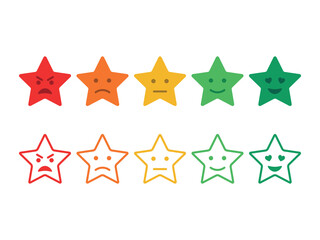 Feedback emoticon stars. Survey stars smiley set. Customer experience evaluation. Rating system stars. Level of satisfaction rating. Vector flat icon set