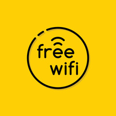 Free Wifi sign on yellow background. Black circle icon with text. Vector element