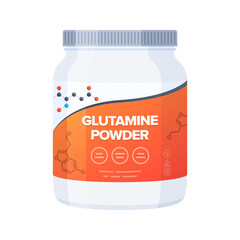 L-Glutamine Powder supplement bottle. Plastic bottle of amino acids powder. Vector illustration