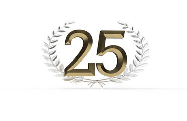 3d golden 25 years anniversary celebration with star background. 3d illustration.