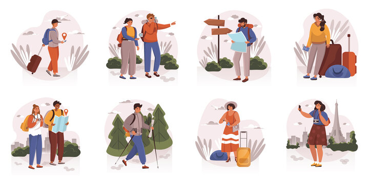 People travelling web concept in flat design. Men and women with luggage and backpacks go on vacation, choose route, hiking with map outdoor, trip to another country modern scene.