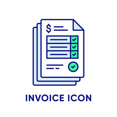 Invoice icon. Stack of paper documents with checked checkboxes. Payment and bill invoice. Order symbol concept. Tax sign design. Vector flat line style icon