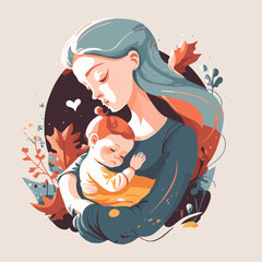 Happy Mother's Day, Mom hug lovely Baby floral background Vector Flat Style