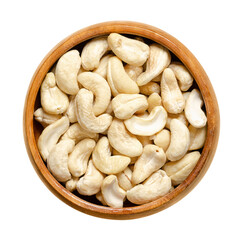 Cashew nuts, raw cashews in a wooden bowl. Seeds of shelled cashew tree fruits, Anacardium...