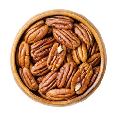 Pecans, raw pecan nut halves in a wooden bowl. Shelled seeds. Pecan tree fruits, Carya...