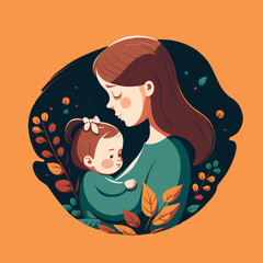 Happy Mother's Day, Mom hug lovely Baby floral background Vector Flat Style