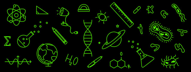 A set of school symbols in acid green. Psychedelic futuristic collection. Vector elements and signs in trendy psychedelic. Design elements for poster, cover, flyer in 80s style.