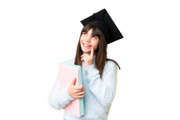 Little caucasian student girl over isolated background thinking an idea while looking up