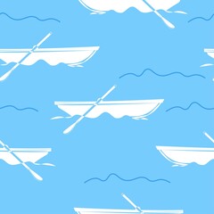 Boat and oars crossed in outline style. Seamless pattern. Sea texture.