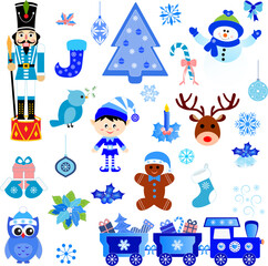 Isolated Christmas illustrations of nutcracker, snowman, elf, and animals