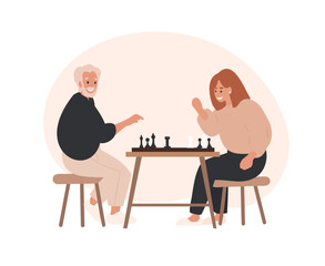 Chess tournament between old man and young woman. Elder man play chess with his daughter. Cartoon People sitting at the table with chessboard. Flat illustration isolated on white background