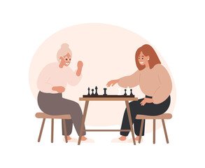 Female chess players. Elderly woman and young woman sitting at the table with chessboard. Chess game between women . Cartoon flat vector illustration isolated on white background