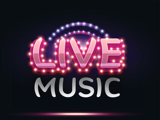Live music 3d style typography with disco light and bulb in black background