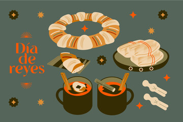 Set ilustración vectorial comida celebración mexicana de días de reyes magos, partida de rosca y ponche con tamales. 6 de enero. - obrazy, fototapety, plakaty