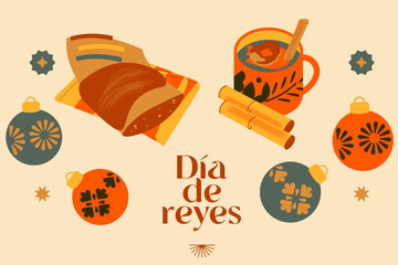 Set ilustración vectorial celebración de días de reyes magos, partida de rosca y ponche. Esferas, Navidad mexicana. 6 de enero.