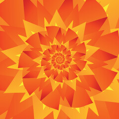 Beautiful abstract square pattern, illustration of an unusual flower with numerous gradient sharp orange-yellow petals that are layered on top of each other. Spiral effect. 