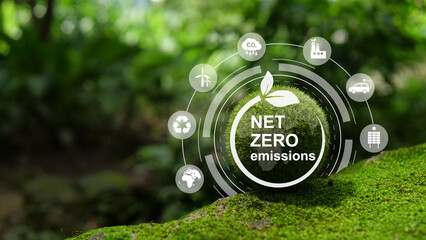 Net-Zero Emission - Carbon Neutrality concept. Close up earth on nature background. Nature Сonservation, Ecology, Social Responsibility and Sustainability. CO2 - obrazy, fototapety, plakaty