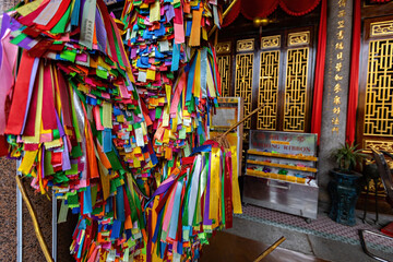 Wish ribbons in Buddhist temple in Kek Lok Si temple, George Town, Penang, Malaysia