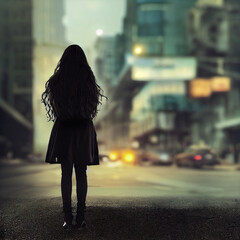 Silhouette of a little girl in a big city