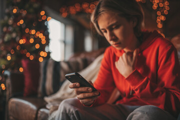 Portrait of candid authentic dreamer boy teenager in sadness depressing emotion at home Xmas