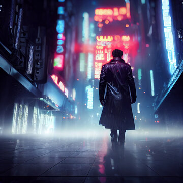Rearview of a man wearing a black coat in a futuristic city