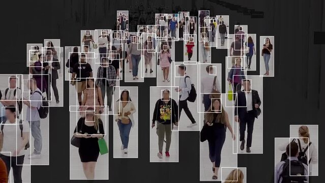 Camera Monitoring Crowd of People in Big Station. Autonomous Face Recognition and Tracking System. High view of commuters walking. Surveillance concept. Artificial intelligence. Deep learning.
