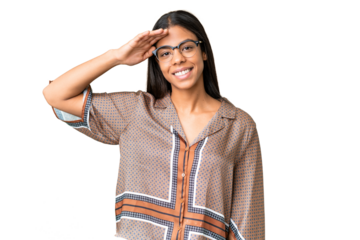 Young African American woman over isolated chroma key background saluting with hand with happy expression