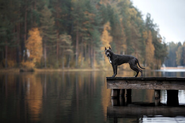 black pit bull terrier on the lake on a wooden bridge. dog in nature