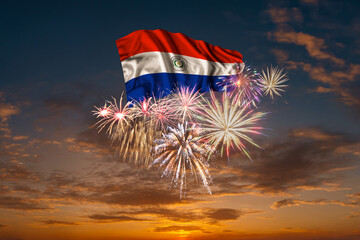 Flag of Paraguay and Holiday fireworks in sky