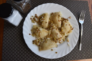 Dumplings with sprouts on a plate