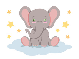 Cute elephant sitting on cloud with stars, cartoon illustration for kids.