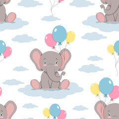 Cute elephant with balloons seamless pattern. Kids textile design vector.