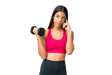 Young African American woman sport woman making weightlifting over isolated chroma key background thinking an idea