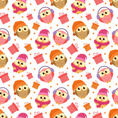 Cute vector seamless pattern with colorful owls and gifts on white background