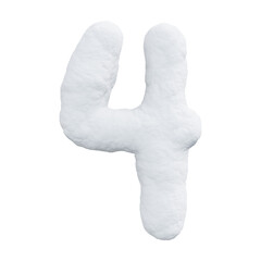 number four made of snow. Winter font on a white background. Realistic 3D render
