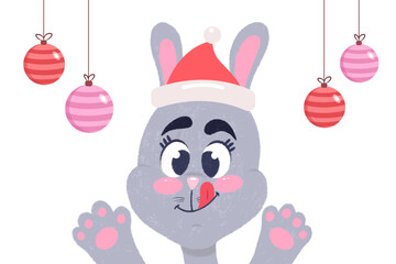 Cute rabbit in red hat. Vector winter illustration with smiling bunny