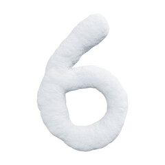 number six made of snow. Winter font on a white background. Realistic 3D render