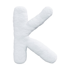 Letter K made of snow. Winter font on a white background. Realistic 3D render
