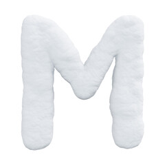Letter M made of snow. Winter font on a white background. Realistic 3D render