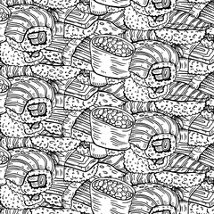 Vector seamless pattern with hand drawn sushi and rolls on white color. Pattern on the theme of Japanese food. Background for use in design, web site, packing, textile, fabric, wallpaper