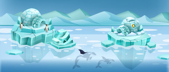 North frozen landscape, vector igloo house global warming banner, ice island, penguin, orca whale. Cartoon iceberg game background, blue antarctic glacier, cold water. North landscape, mountains - obrazy, fototapety, plakaty