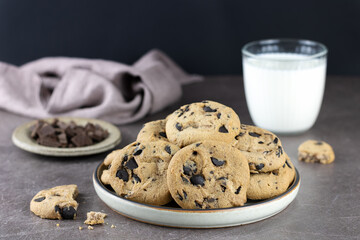 A glass of milk and a plate of cookies with chocolate chips on a dark background. National cookie day poster.