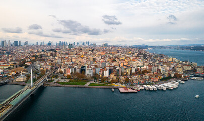 Fototapeta na wymiar Istanbul historic centre with Galata bridge and mosques. Galata Tower. Drone view. Istanbul, Turkey