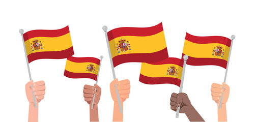 Hands with spain flag isolated on white background. People hold spain flag.Vector stock - obrazy, fototapety, plakaty