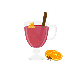 Сhristmas hot mulled wine with orange, cinnamon and anise. Vector illustration isolated on white background