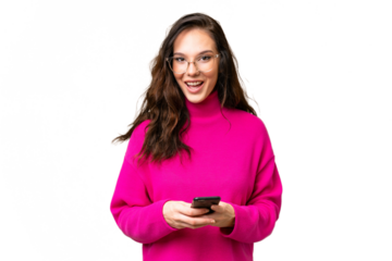 Young caucasian woman isolated over isolated background surprised and sending a message