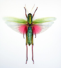 Green grasshopper with pink wings isolated on white. Chondracris rosea macro close up, orthoptera, collection insects, design element