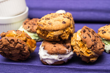 Multicolored chocolate chip ice cream cookie sandwiches