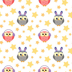 Vector seamless pattern with cute owls and stars