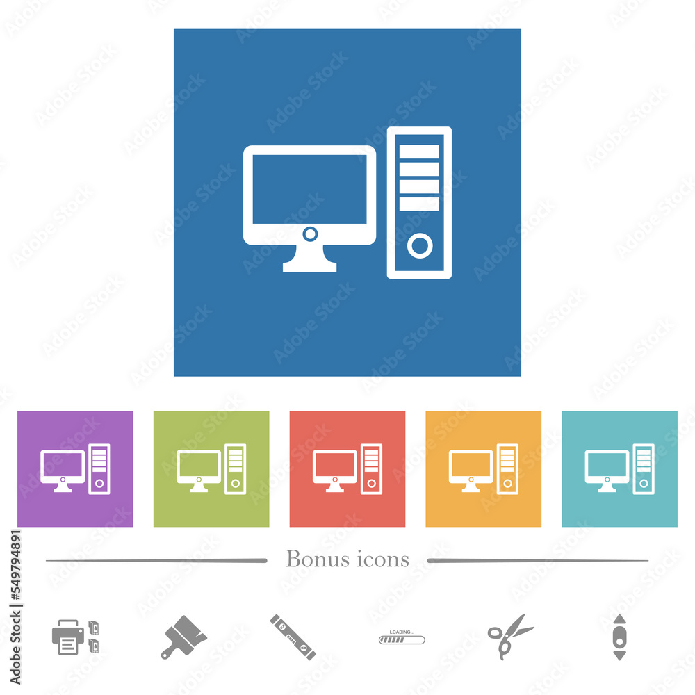 Aufkleber desktop computer with monitor flat white icons in square backgrounds